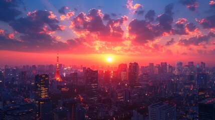 A cityscape at dusk with the sun peeking through the clouds - obrazy, fototapety, plakaty