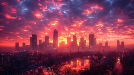 A city with skyscrapers silhouetted against a colorful sunset sky