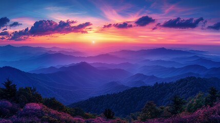 Purple flowers in the foreground with a sunset over mountain range - obrazy, fototapety, plakaty