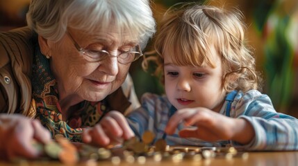 Naklejka premium Grandparents teaching children the importance of saving at an early age. generative ai