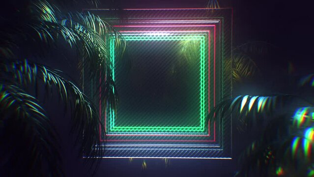 Against the background of tropical plants, glowing frames with neon lights, useful for displaying text and logos, seamless loop 4K

