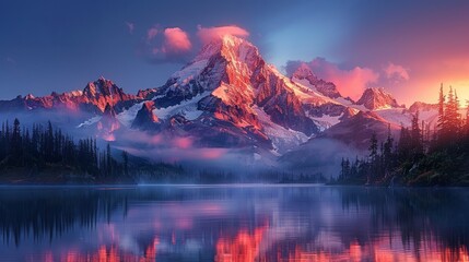 Mountain reflected in lake at sunset, creating a stunning natural landscape