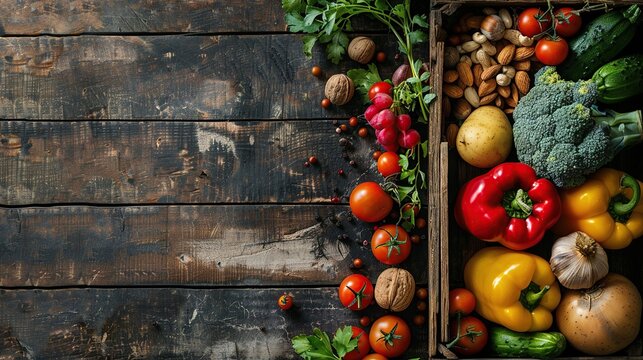Top view of fresh vegetables, nuts and fruits in a wooden box, on a dark brown wooden table. Flat lay with copy space for add text.