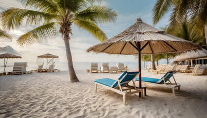 Fototapeta na wymiar Seaside Serenity: Lounge Chairs Beneath Palm Trees and a Beach Umbrella
