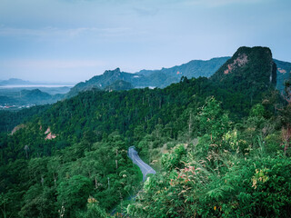Aerial view of road crossing the mountain at Wang Kelian, Perlis, Malaysia.