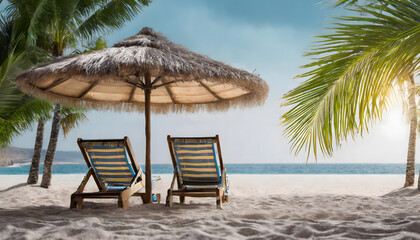 Seaside Serenity: Lounge Chairs Beneath Palm Trees and a Beach Umbrella