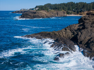 Whale Cove Oregon Coast Depoe Bay Oregon Cliffs Waves  Aerial Drone View