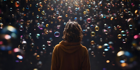 a woman standing at night surrounded by colorful bubbles representing positive thoughts  