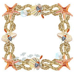 Marine frame, watercolor. Rope, starfish, float, shells. Frame illustration isolated on white background. Design element for cards, invitations, sea banners, sea day, travel flyers.