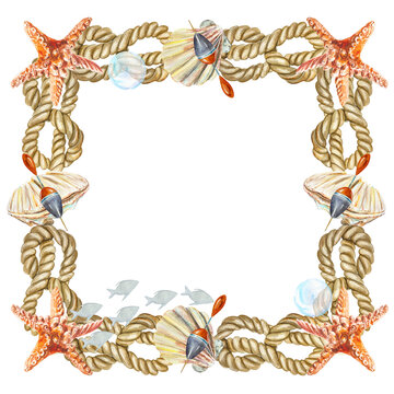 Marine frame, watercolor. Rope, starfish, float, shells. Frame illustration isolated on white background. Design element for cards, invitations, sea banners, sea day, travel flyers.