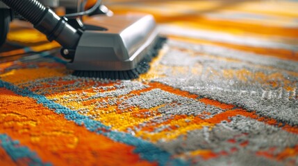 Close-up of a vacuum cleaner head on a colorful striped carpet. Rug cleaning. Home maintenance and cleaning concept for design and print. Detailed household chore - Powered by Adobe