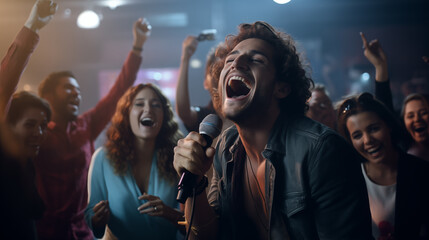 Young adult enjoying and singing at a Karaoke party.