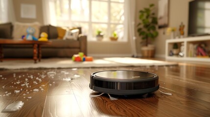 Robotic vacuum cleaner gliding over a hardwood floor in a sunlit living room. Robotic housework assistant. Concept of smart home cleaning, automation, modern appliances, and effortless tidiness.