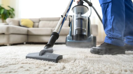 Professional cleaning service vacuuming a shag white rug. Close-up of vacuum cleaner in action on soft carpet. Concept of home cleaning, maintenance, janitorial work, and housekeeping service.