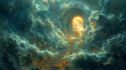 Mystical gateway amidst clouds with stairs leading to bright light. Ethereal archway in a surreal cloud landscape. Concept of fantasy, journey, mysterious world, and dreamlike adventure. Digital art - obrazy, fototapety, plakaty