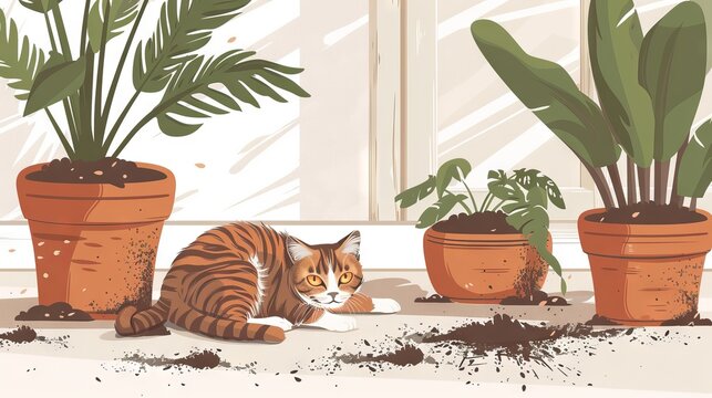 Curious tabby cat amidst scattered potting soil from a plant pot on the white rug. A funny kitten creating a mess. Concept of a mischievous pet, domestic animal, and home mess. Digital illustration