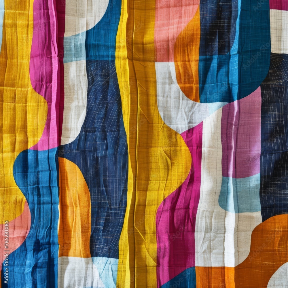 Poster vibrant fabric installation with wavy patterns, featuring a bold array of colors creating a cheerful