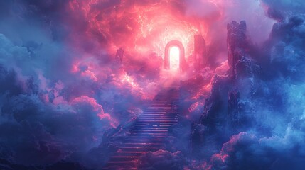Mystical gateway amidst clouds with stairs leading to bright light. Ethereal archway in surreal cloud landscape. Concept of fantasy, journey, mysterious world, and dreamlike adventure. Watercolor art - obrazy, fototapety, plakaty