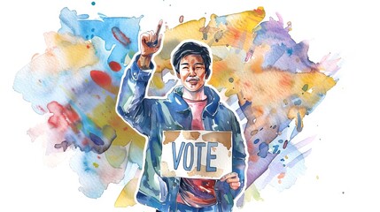 Watercolor illustration of young Asian man holding VOTE sign. Male voter. Concept of elections, voting, politics, personal empowerment, citizen rights, political advocacy. Art. White background