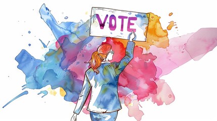 Back view of woman holding up a VOTE sign, set against a vivid watercolor splash background. Female voter. Empowering election and voting participation theme for campaign promotions. Aquarelle art