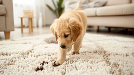 Golden Retriever puppy on a carpet with dirty paw prints. Little dog making a mess on the rug....