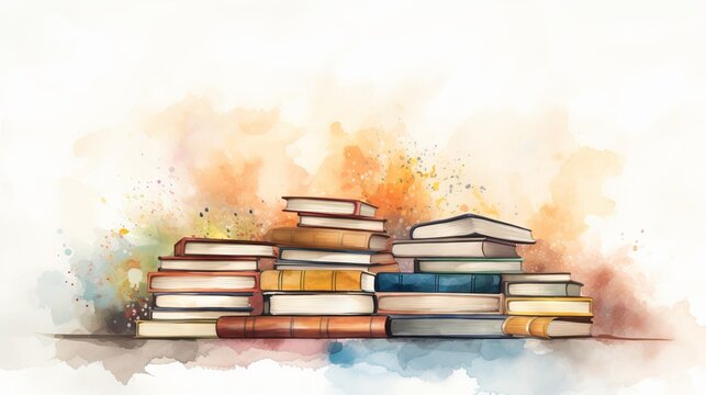Stacks of colorful books. Collection of drawn literature. Concept of colorful reading, fun education, lively book art. White background. Pastel Watercolor illustration. Aquarelle splash. Copy space