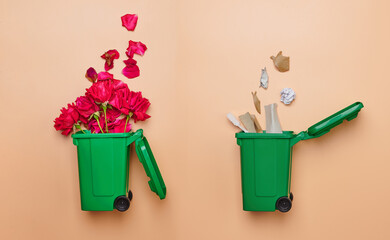 Trash falling in trash container on orange pastel background