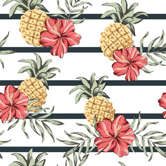 Tropical pink hibiscus flowers, pineapples, palm leaves, striped background. Vector seamless pattern. Jungle illustration. Exotic plants and fruits. Summer beach floral design. Paradise nature