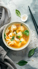 Bowl of wonton soup on gray vertical
