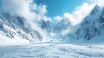 Foto op Plexiglas Snowy peaks and icy river carve through natural landscape under a cloudy sky © yuchen
