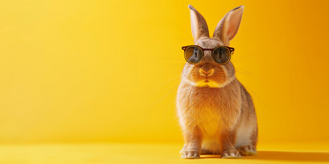 Funny rabbit wearing sunglasses on yellow pastel color background. - obrazy, fototapety, plakaty