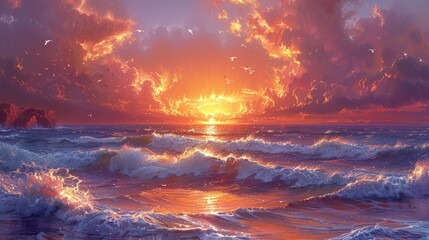 A serene painting of dusk with sunlight reflecting on ocean waves - obrazy, fototapety, plakaty