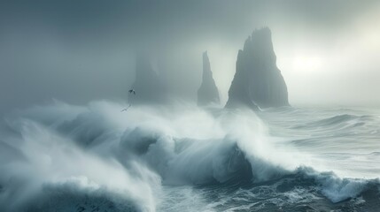 Wind waves crash on rocks in the ocean, under a cloudy sky