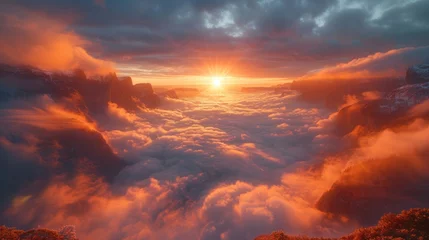 Fotobehang Sunshine breaks through clouds, painting mountains in amber hues © yuchen