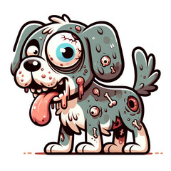 A zombified cartoon dog with an oversized eye and humorous undead features isolated on white background