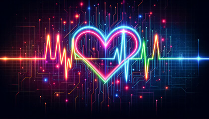 Vibrant neon heart with a pulsating heartbeat line on a dark digital circuit board background, conveying love and technology - obrazy, fototapety, plakaty