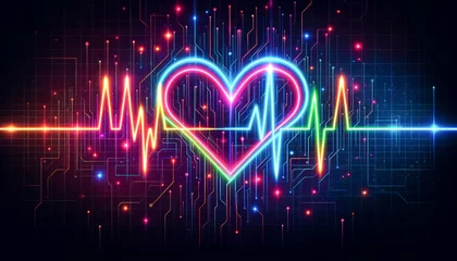 Poster Vibrant neon heart with a pulsating heartbeat line on a dark digital circuit board background, conveying love and technology © BussarinK