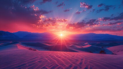 Red sky at morning over natural landscape of desert with mountains