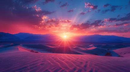 Poster Red sky at morning over natural landscape of desert with mountains © yuchen