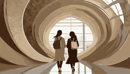 Two women with bags walking in the airport. Drawing with rear view silhouettes and shapes in shades of brown.