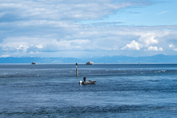 Fototapeta premium Angler auf Boot genießt den Blick über den See mit Schwänen, Dampfern und dem Alpenpanorama im Hintergrund. Konstanz, Bodensee, Baden-Württemberg, Deutschland, Europa.