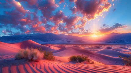 the sun is setting over a desert landscape with sand dunes and mountains in the background - Powered by Adobe