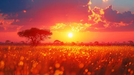 Papier Peint photo Rouge Beautiful sunset with flowers, tree, and colorful sky in a natural landscape