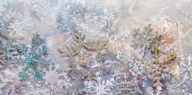 Winter Wonderland Glittering Snowflakes in White, Silver, and Iridescent Shades
