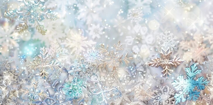Experience the magic: winter wonderland with glittering snowflakes in white, silver, and iridescent shades