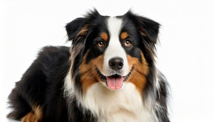 Australian shepherd dog - Canis lupus familiaris - is a breed of herding dog from the United States isolated on white background laying and looking at camera