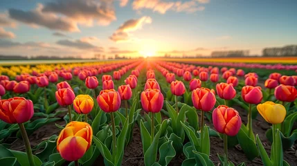  Colorful tulips in a field under the sun with cloudy sky © yuchen
