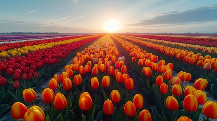Sun sets over vibrant tulip field in natural landscape