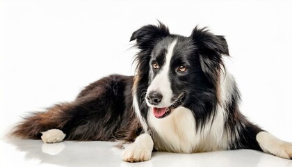 Border Collie dog - Canis lupus familiaris - a working sheep herding dog or as a companion animal isolated on white background laying and looking at camera