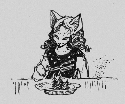 Cat with fork. Sketchbook traditional art, original illustration created by human. Can be used as background or cover, clothes design, or other. Gothic art, magical sketch. Wall design, desktop design